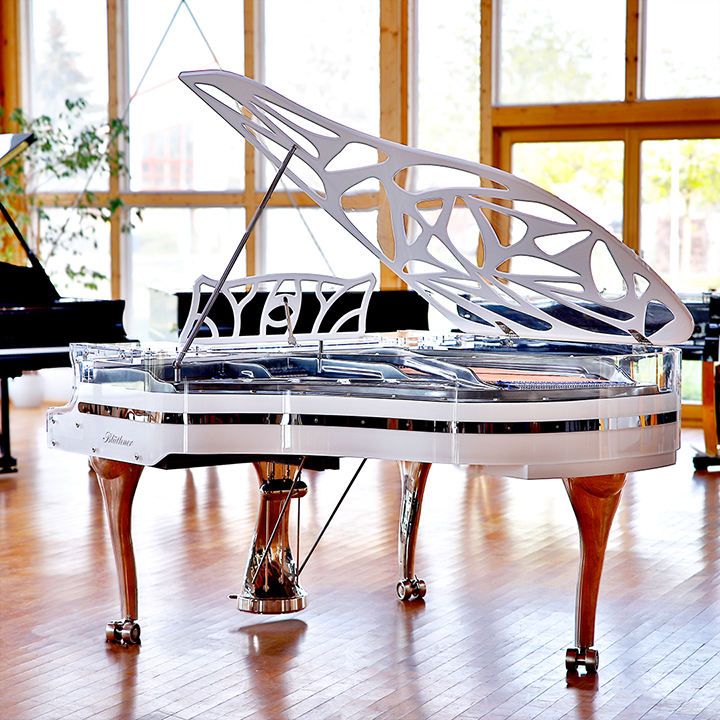 White Blüthner Crystal Hive Elegance Grand Piano with a titanium coloured iron frame